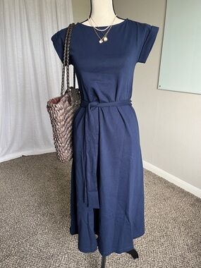 Ann Taylor Weekend Navy Cotton Midi Dress XS Petite NWT Tie Waist Pockets